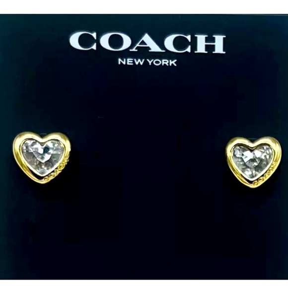 COACH Logo Crystal Heart Stud Gold-Tone Earrings with Signature Pouch NEW - Picture 1 of 5